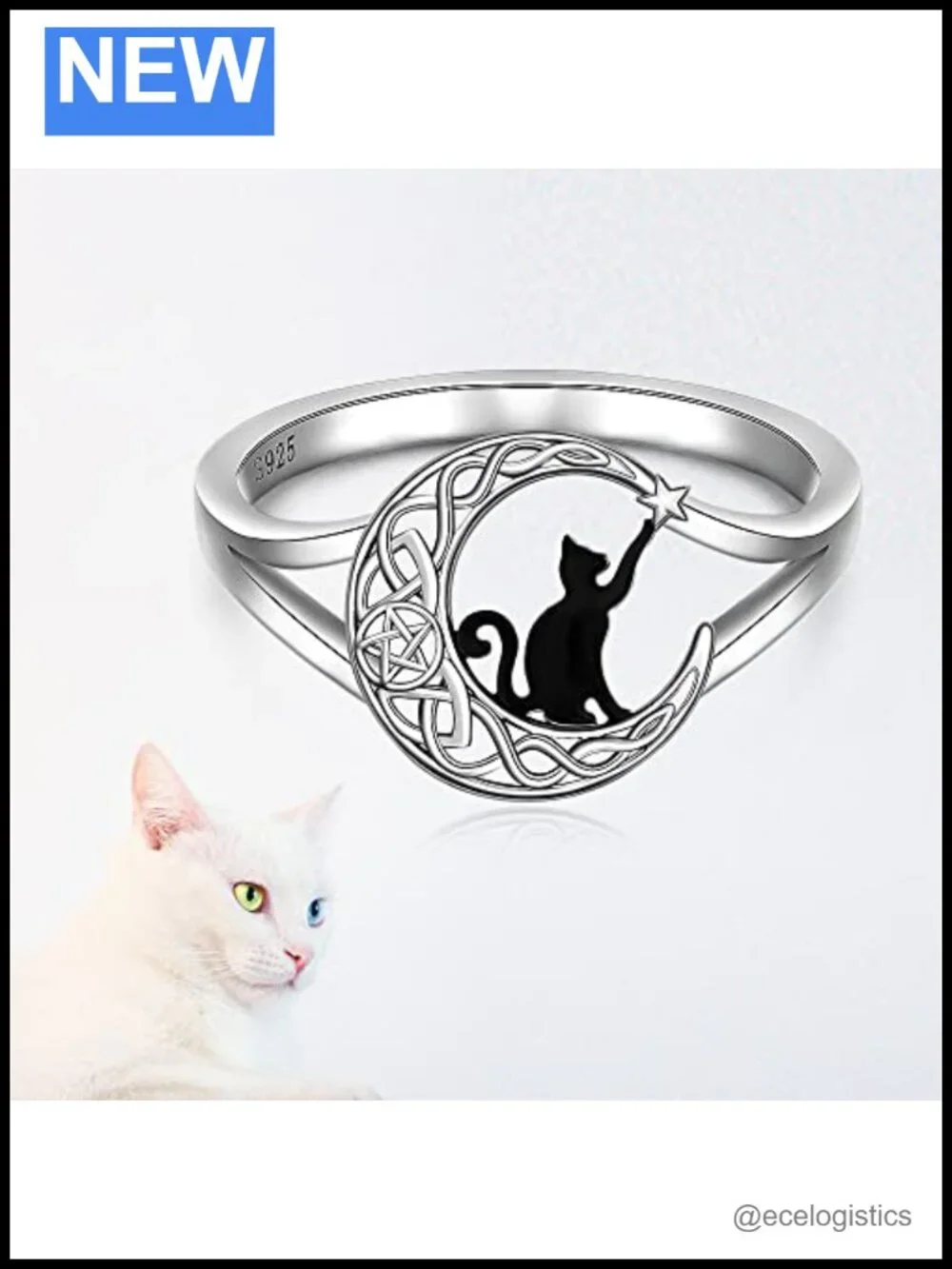 S925 Sterling Silver Cat Moon Ring Thumb Statement Jewelry Gift for Women